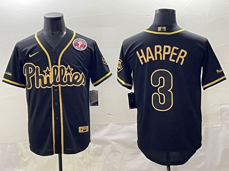 Men 2025 Philadelphia Phillies #3 Harper Black Gold Throwback Nike MLB Jersey style 005